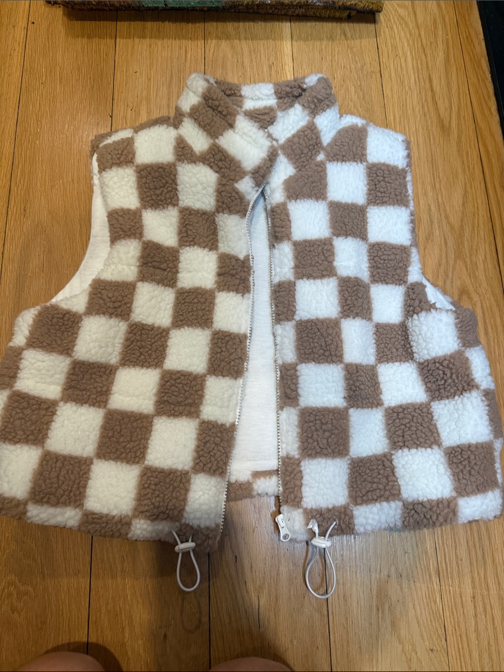 Wild Rose  Checkerboard Sherpa Vest - Cream & Brown